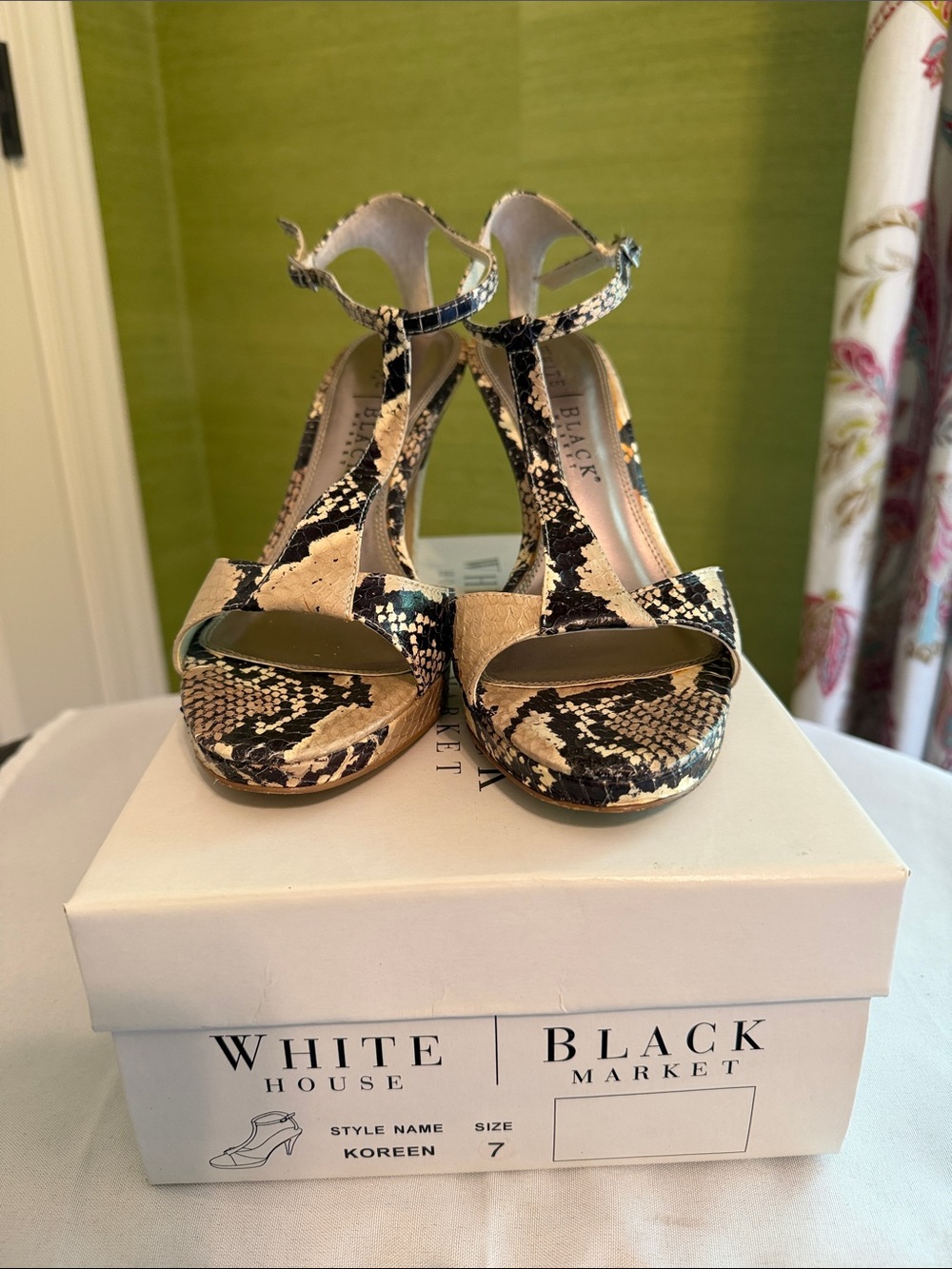 White House Black Market Snake-Print T-Strap Heels in Black and Beige